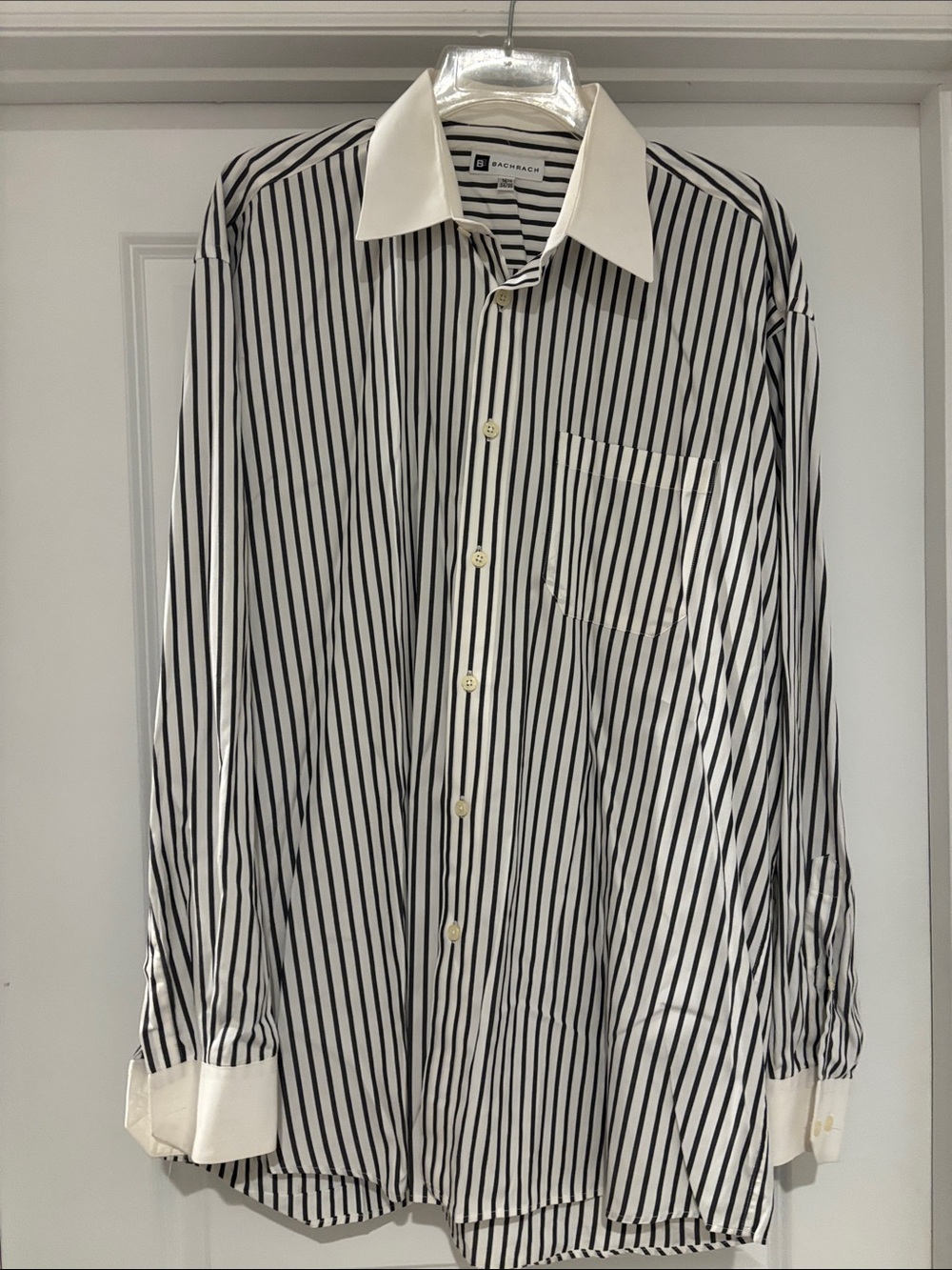Bachrach Black & White Vertical Stripe Dress Shirt with Contrast Collar